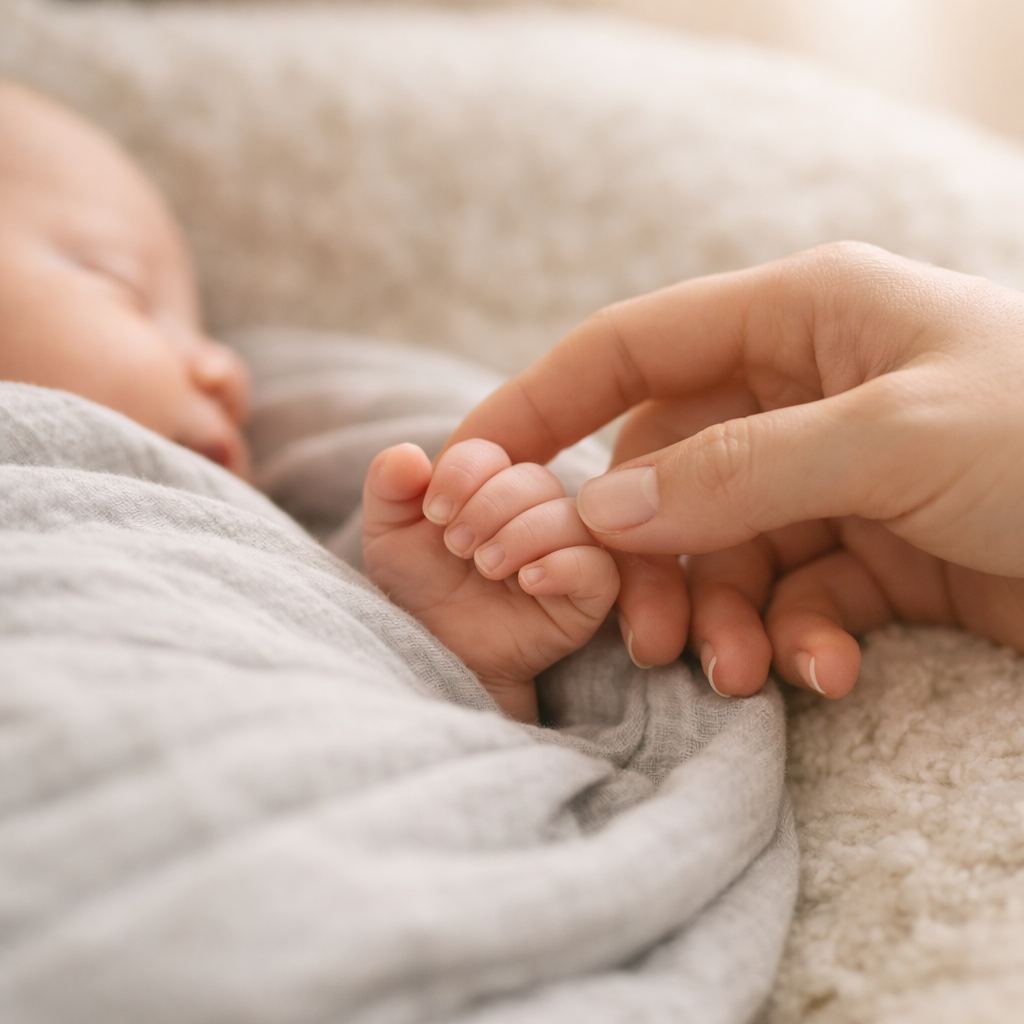 Mãe segurando mão de bebê
